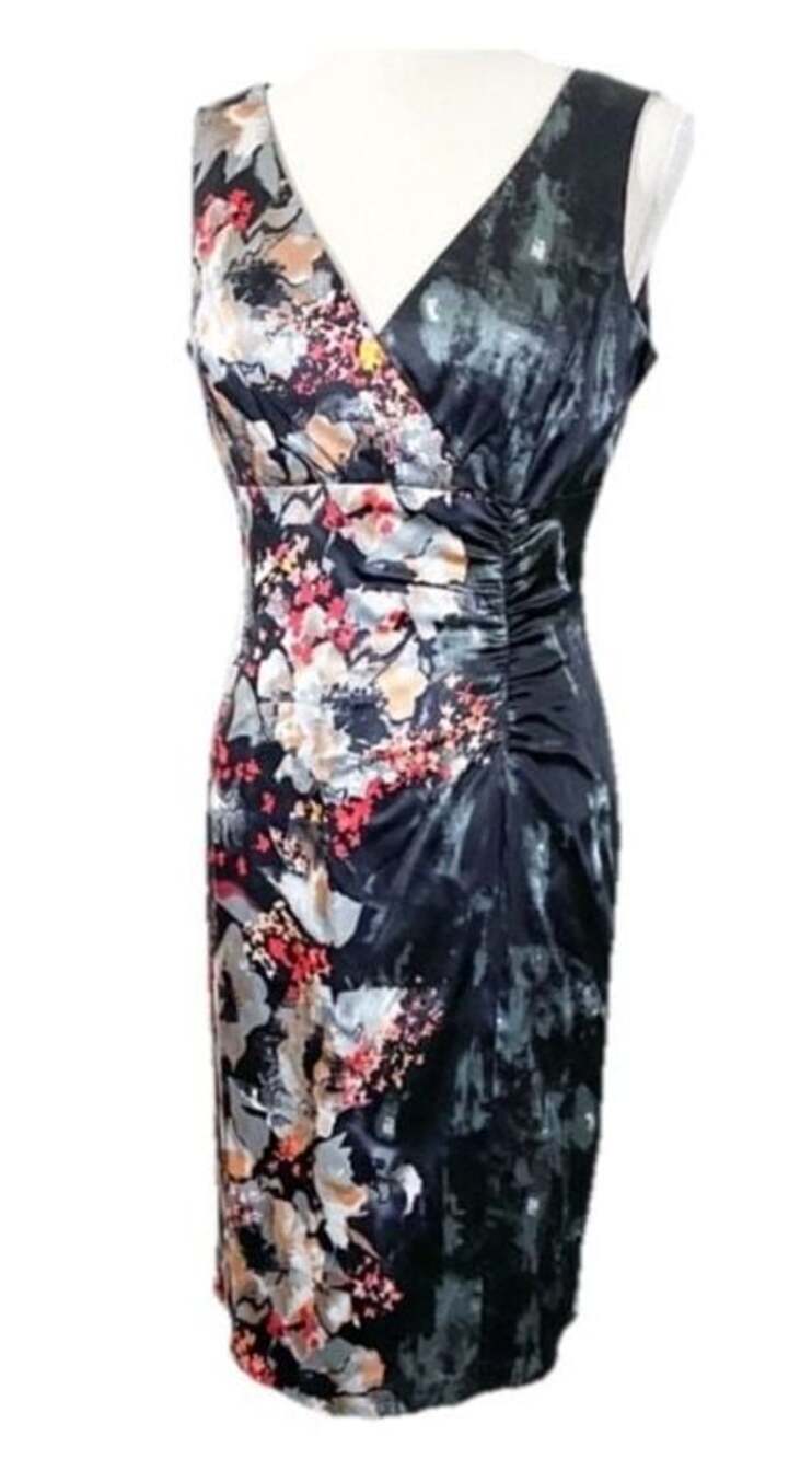 Donna Ricco Silk Floral Print V-Neck Ruched Sheath Dress